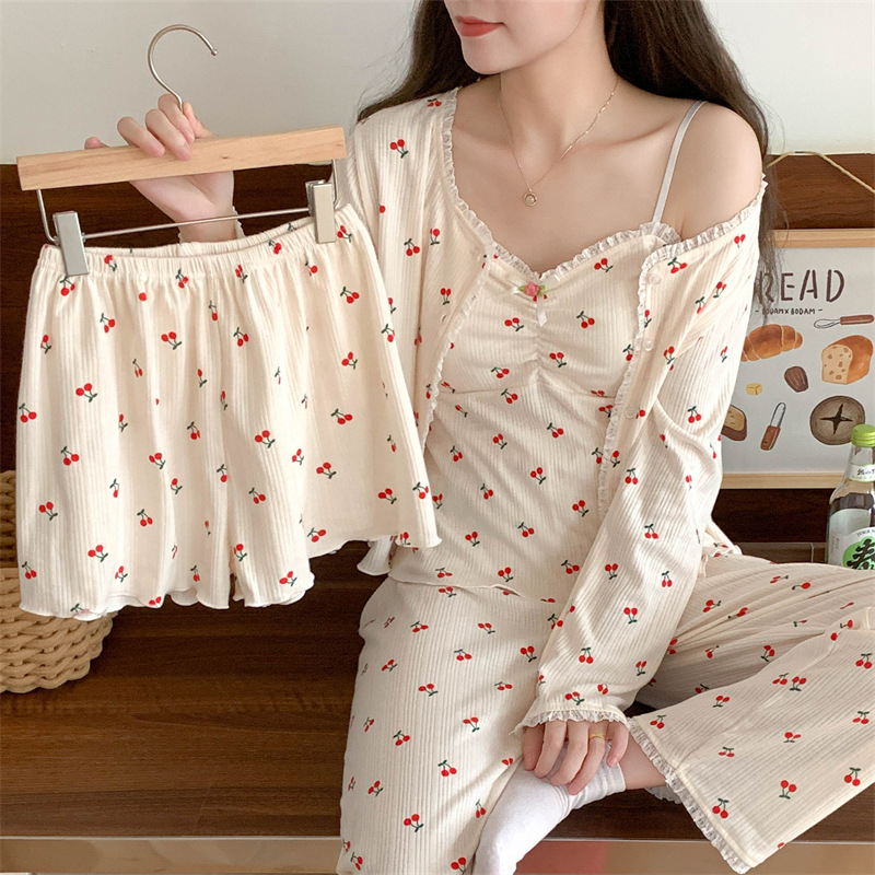 Ženski pamučni pijama set s čipkom, stil princeze, topao četverodijelni kućni outfit, pogodan i za nošenje van kuće