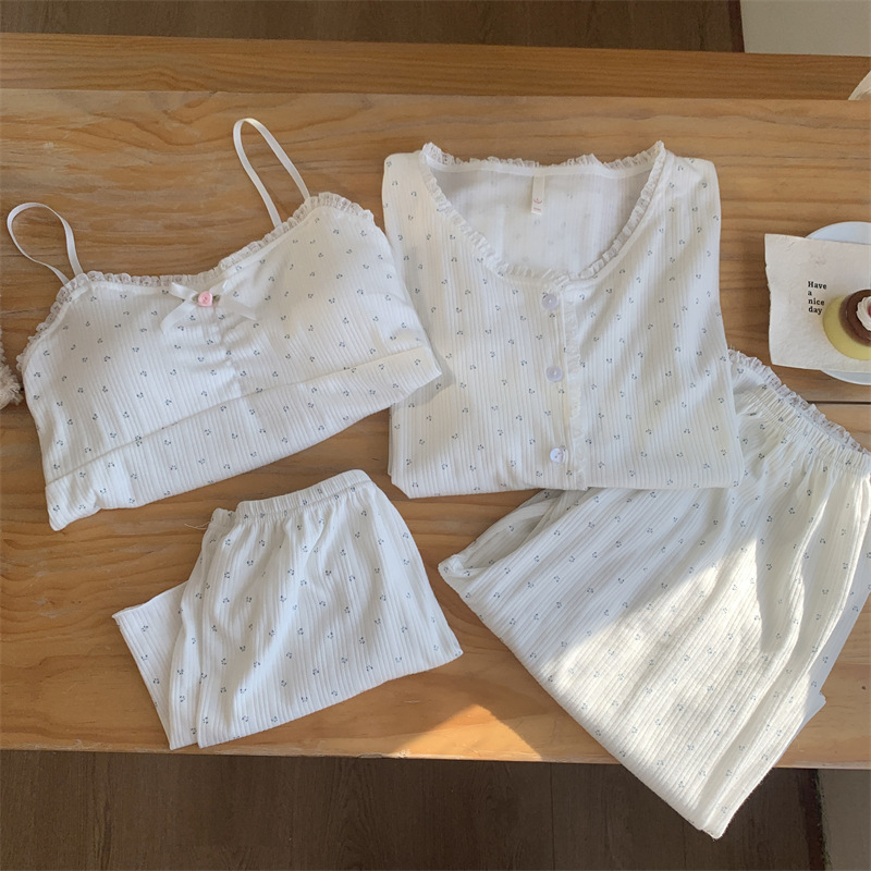 Ženski pamučni pijama set s čipkom, stil princeze, topao četverodijelni kućni outfit, pogodan i za nošenje van kuće