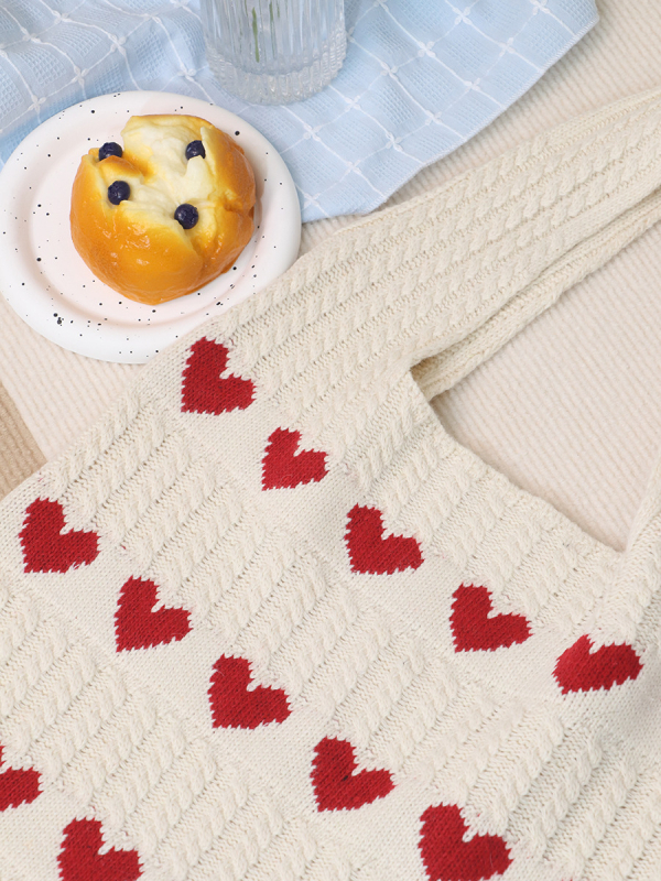 Pletene Heart Tote torba, poliester, okomita kvadratna forma, otvorena džepa, dvostruki remeni, ljeto 2025