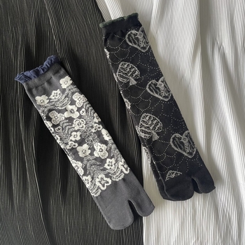 Čarape u japanskom stilu s čipkastim rubom i balonastim krajem, jacquard, s odvojenim prstima, srednja dužina, pamuk, antisklizne, upijaju znoj