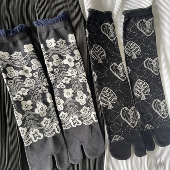 Čarape u japanskom stilu s čipkastim rubom i balonastim krajem, jacquard, s odvojenim prstima, srednja dužina, pamuk, antisklizne, upijaju znoj