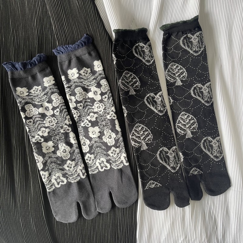 Čarape u japanskom stilu s čipkastim rubom i balonastim krajem, jacquard, s odvojenim prstima, srednja dužina, pamuk, antisklizne, upijaju znoj