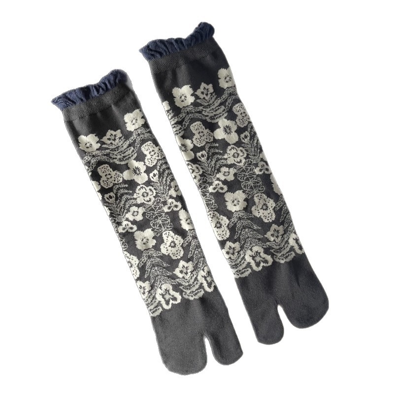 Čarape u japanskom stilu s čipkastim rubom i balonastim krajem, jacquard, s odvojenim prstima, srednja dužina, pamuk, antisklizne, upijaju znoj