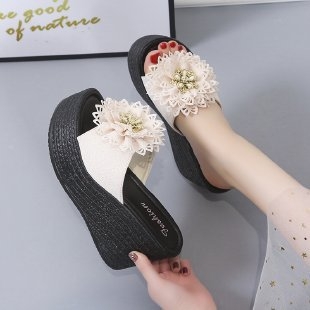Ženske sandale na klin s ukrasom od cvijeća, peta 9 cm, PU gornji dio, gumena potplat