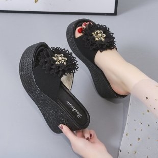 Ženske sandale na klin s ukrasom od cvijeća, peta 9 cm, PU gornji dio, gumena potplat