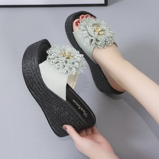 Ženske sandale na klin s ukrasom od cvijeća, peta 9 cm, PU gornji dio, gumena potplat