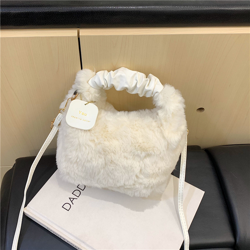 Ženska zimska torbica od vunenog pliša, gradski jednostavan stil, crossbody torba preko ramena, horizontalni kvadratni oblik, zatvarač, laminirana unutarnja pretinac
