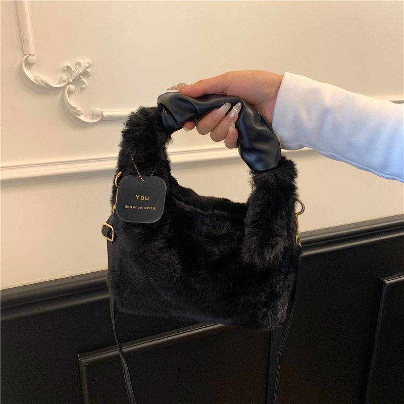 Ženska zimska torbica od vunenog pliša, gradski jednostavan stil, crossbody torba preko ramena, horizontalni kvadratni oblik, zatvarač, laminirana unutarnja pretinac