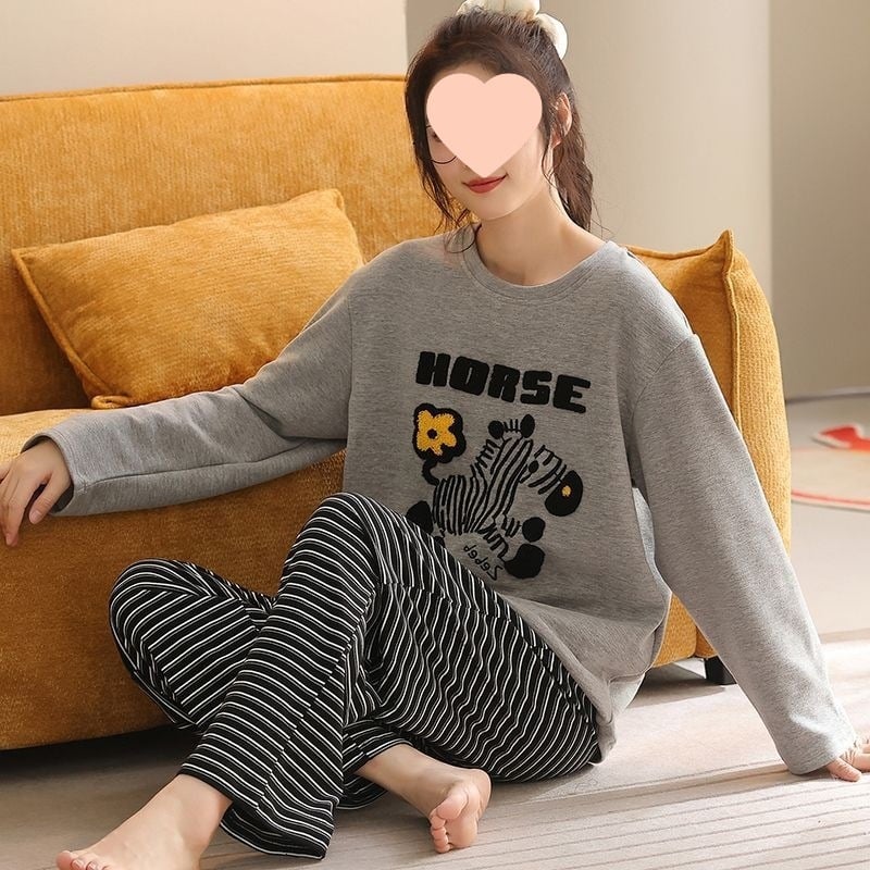 G4A Γυναικεία χειμερινή πυζάμα με μακριά μανίκια, στρογγυλό λαιμό, εξαιρετικά χοντρή ύφανση από νάιλον/πολυαμίδη, ριγέ μακριά παντελόνια, ζεστή