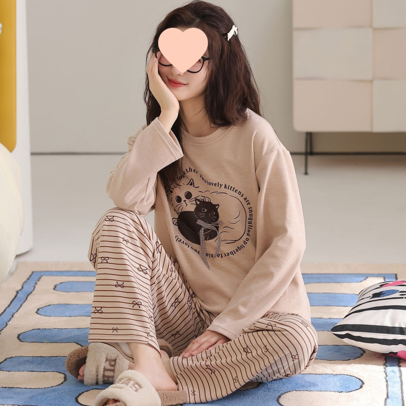 G4A Γυναικεία χειμερινή πυζάμα με μακριά μανίκια, στρογγυλό λαιμό, εξαιρετικά χοντρή ύφανση από νάιλον/πολυαμίδη, ριγέ μακριά παντελόνια, ζεστή