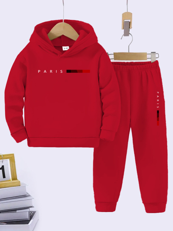 Dječji dvodijelni komplet s kapuljačom: hoodie i hlače, 95% poliester + 5% elastan, geometrijski uzorak, dugi rukav, proljeće–jesen