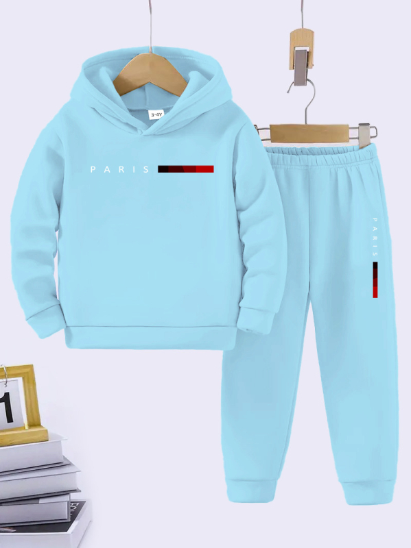 Dječji dvodijelni komplet s kapuljačom: hoodie i hlače, 95% poliester + 5% elastan, geometrijski uzorak, dugi rukav, proljeće–jesen