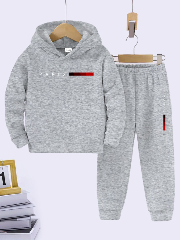 Dječji dvodijelni komplet s kapuljačom: hoodie i hlače, 95% poliester + 5% elastan, geometrijski uzorak, dugi rukav, proljeće–jesen