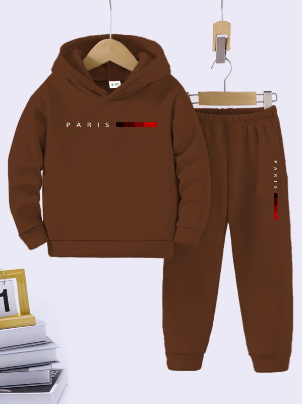 Dječji dvodijelni komplet s kapuljačom: hoodie i hlače, 95% poliester + 5% elastan, geometrijski uzorak, dugi rukav, proljeće–jesen