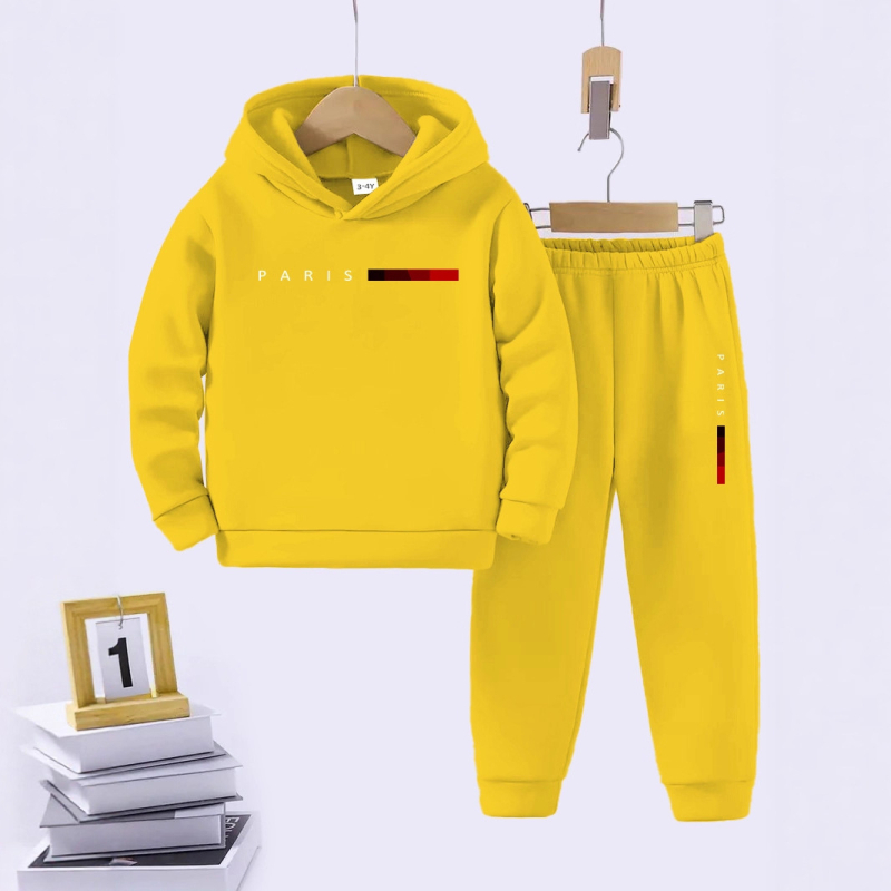 Dječji dvodijelni komplet s kapuljačom: hoodie i hlače, 95% poliester + 5% elastan, geometrijski uzorak, dugi rukav, proljeće–jesen