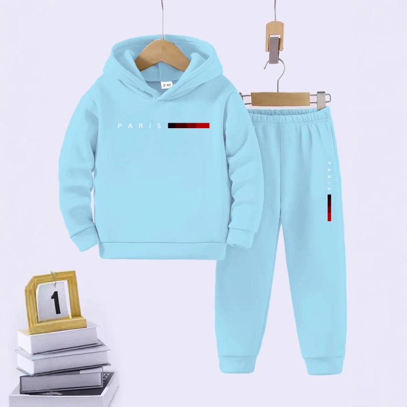 Dječji dvodijelni komplet s kapuljačom: hoodie i hlače, 95% poliester + 5% elastan, geometrijski uzorak, dugi rukav, proljeće–jesen