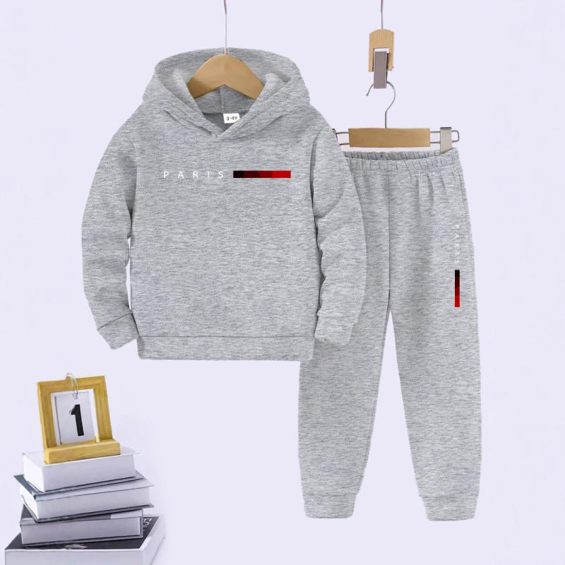 Dječji dvodijelni komplet s kapuljačom: hoodie i hlače, 95% poliester + 5% elastan, geometrijski uzorak, dugi rukav, proljeće–jesen
