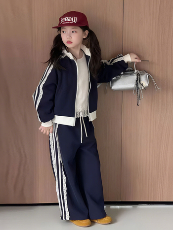 Koreai stílusú gyerekeknek készült csipkés dzseki és nadrág szett, hosszú ujjú zipzáros dzseki, két darab, 8 év feletti korosztály, ősz 2025