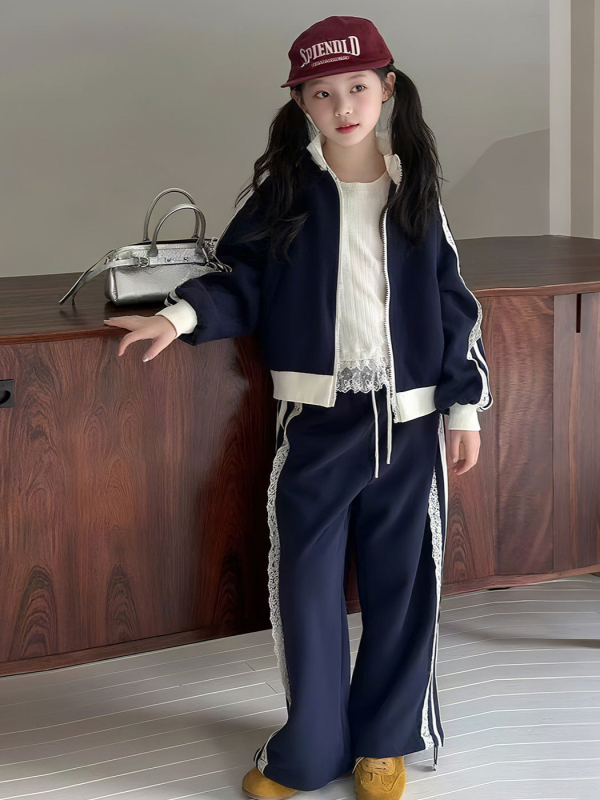 Koreai stílusú gyerekeknek készült csipkés dzseki és nadrág szett, hosszú ujjú zipzáros dzseki, két darab, 8 év feletti korosztály, ősz 2025