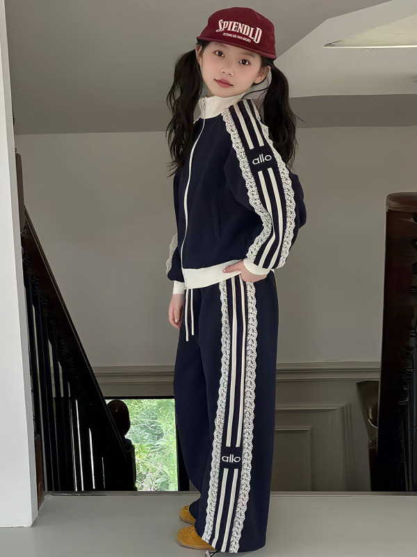 Koreai stílusú gyerekeknek készült csipkés dzseki és nadrág szett, hosszú ujjú zipzáros dzseki, két darab, 8 év feletti korosztály, ősz 2025