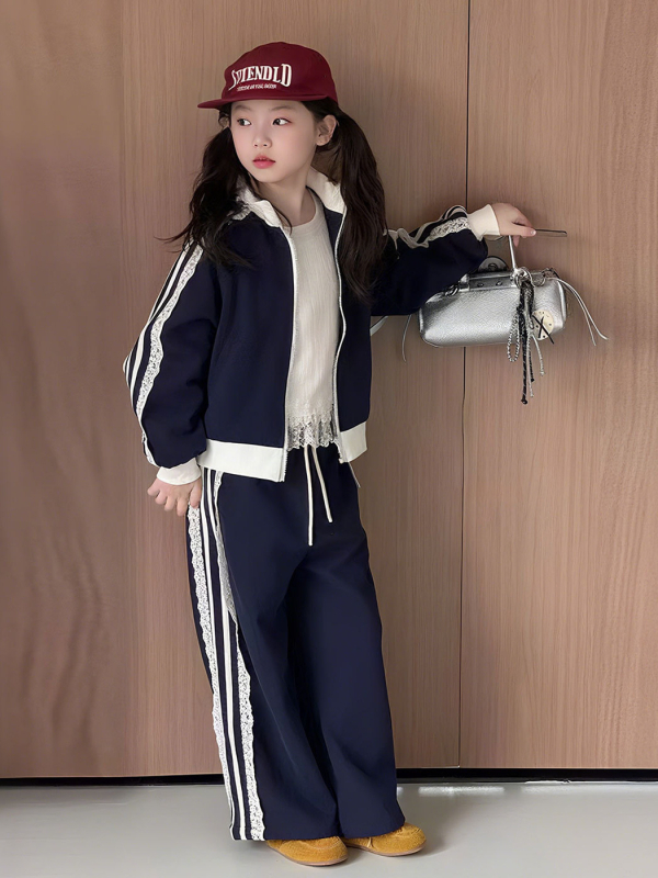 Koreai stílusú gyerekeknek készült csipkés dzseki és nadrág szett, hosszú ujjú zipzáros dzseki, két darab, 8 év feletti korosztály, ősz 2025