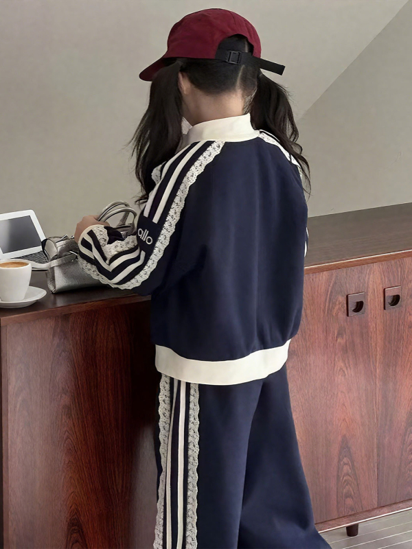 Koreai stílusú gyerekeknek készült csipkés dzseki és nadrág szett, hosszú ujjú zipzáros dzseki, két darab, 8 év feletti korosztály, ősz 2025