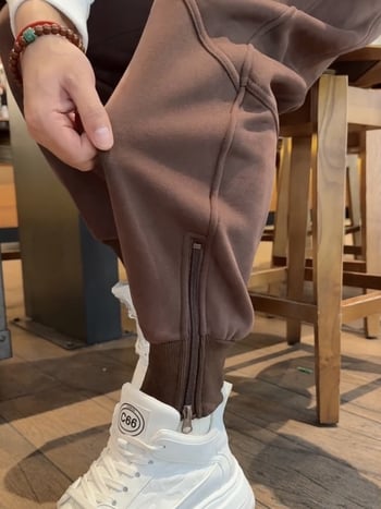 Férfi sportnadrág zipzárral, fleece béléssel, vastag a hideg időre, egyenes szabás, fő anyag Cupro rost