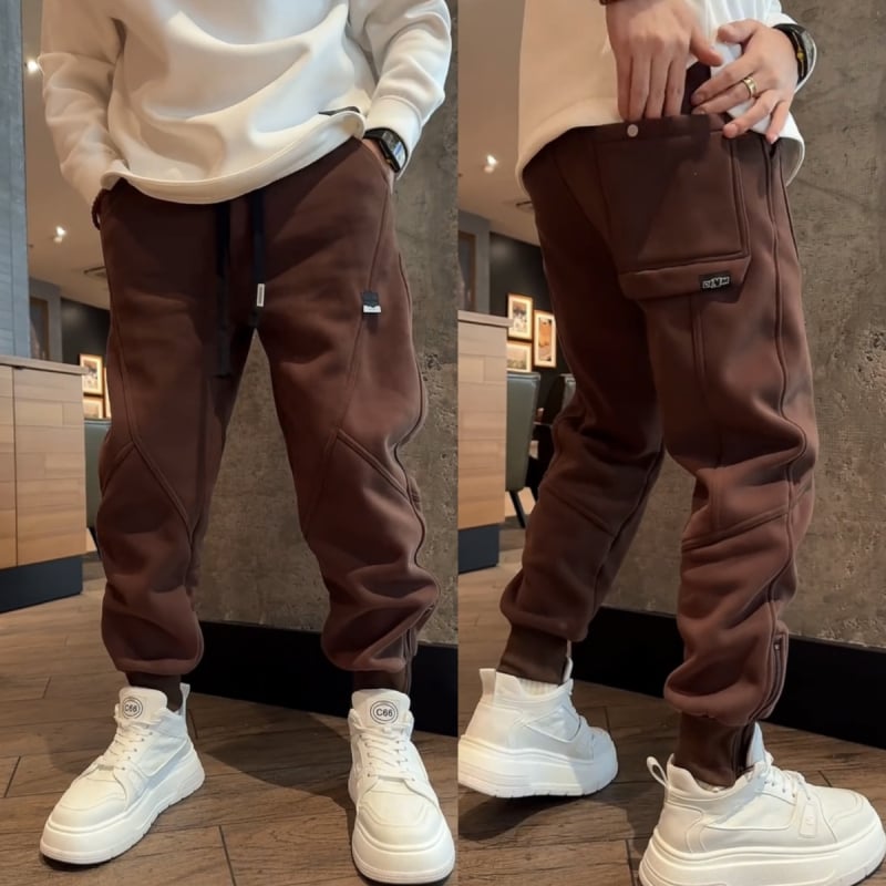 Férfi sportnadrág zipzárral, fleece béléssel, vastag a hideg időre, egyenes szabás, fő anyag Cupro rost