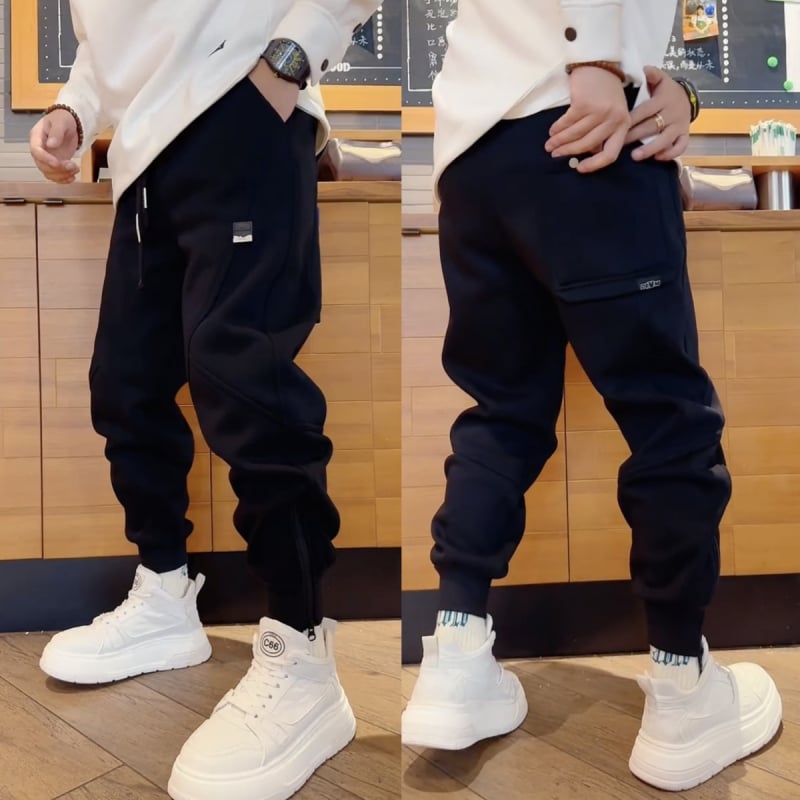 Férfi sportnadrág zipzárral, fleece béléssel, vastag a hideg időre, egyenes szabás, fő anyag Cupro rost