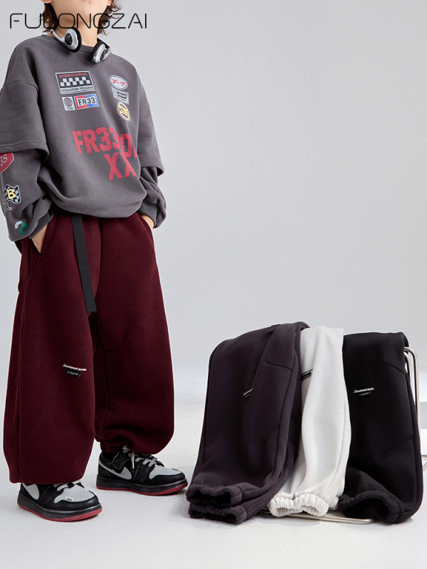 Korejski stil unisex dječje udobne sportske hlače od pamuka, 60% pamuka, srednji pojas s elastikom, širok kroj, za jesen i zimu