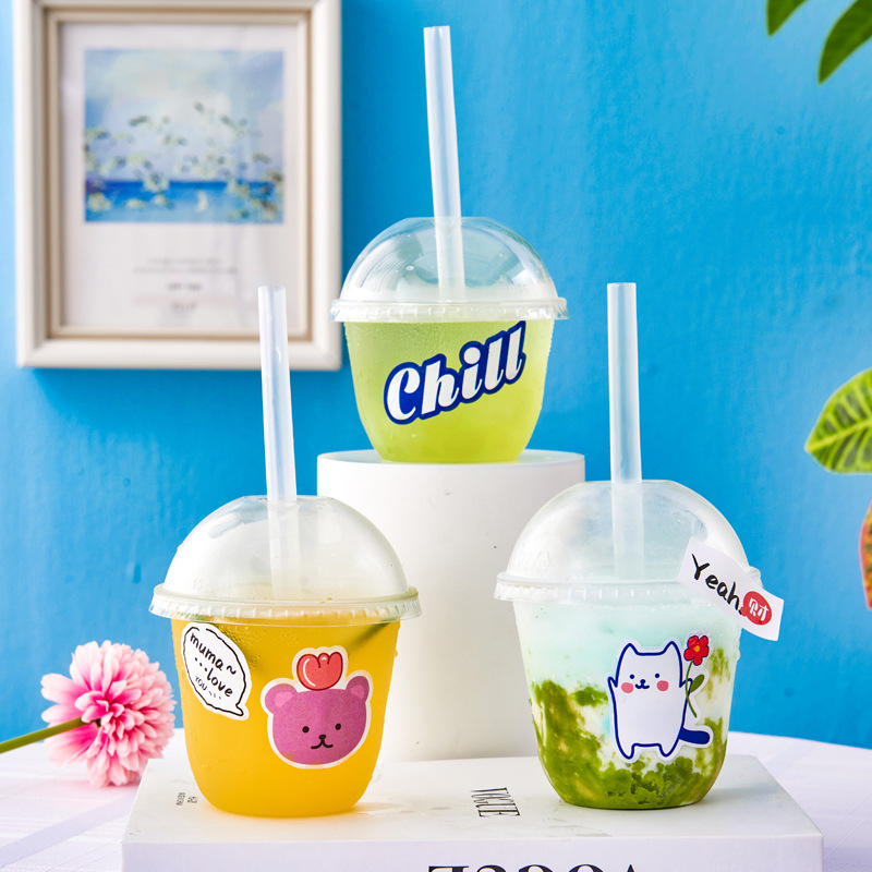 Pahar de unică folosință pentru ceai cu lapte, cu capac - transparent din plastic, pentru magazine de ceai, capacitate sub 100 ml, imprimare logo disponibil, personalizare