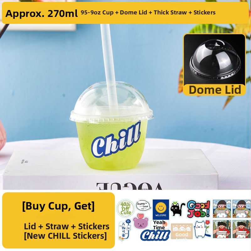 Pahar de unică folosință pentru ceai cu lapte, cu capac - transparent din plastic, pentru magazine de ceai, capacitate sub 100 ml, imprimare logo disponibil, personalizare