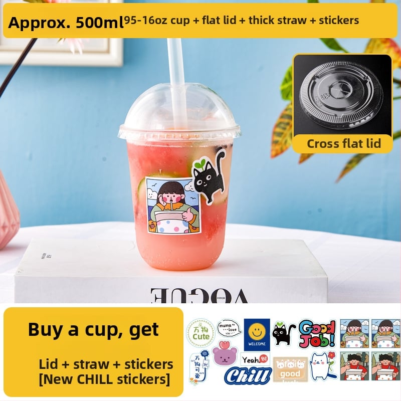 Pahar de unică folosință pentru ceai cu lapte, cu capac - transparent din plastic, pentru magazine de ceai, capacitate sub 100 ml, imprimare logo disponibil, personalizare