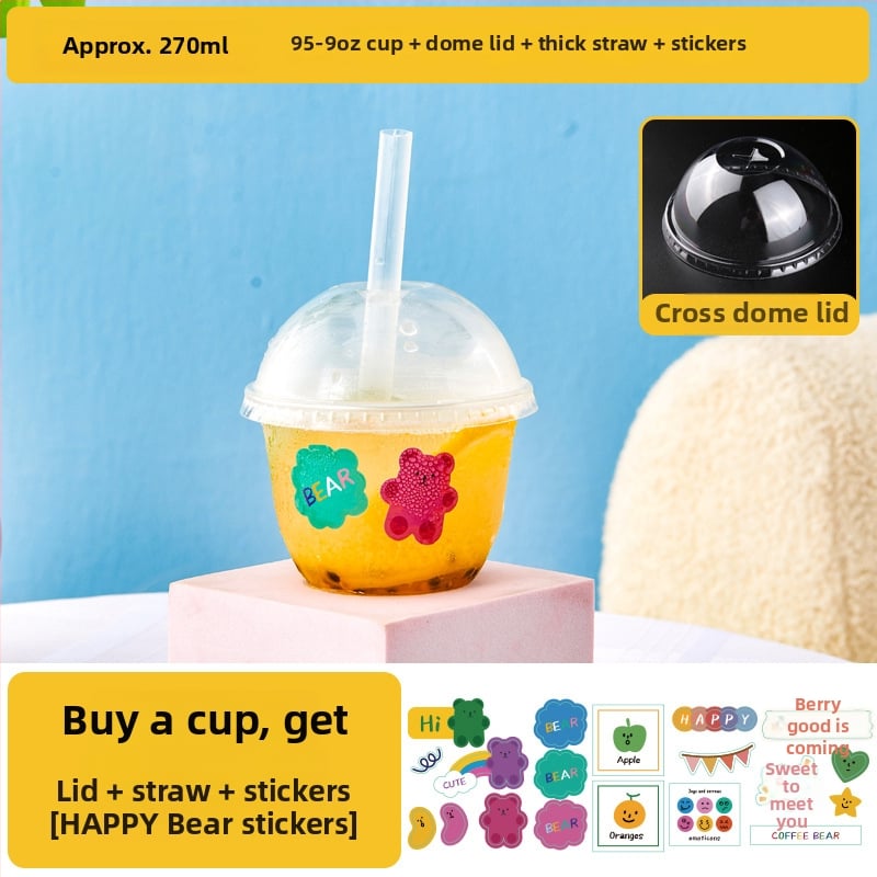 Pahar de unică folosință pentru ceai cu lapte, cu capac - transparent din plastic, pentru magazine de ceai, capacitate sub 100 ml, imprimare logo disponibil, personalizare