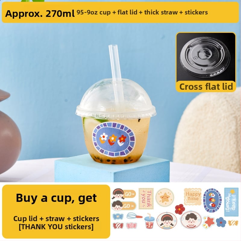 Pahar de unică folosință pentru ceai cu lapte, cu capac - transparent din plastic, pentru magazine de ceai, capacitate sub 100 ml, imprimare logo disponibil, personalizare