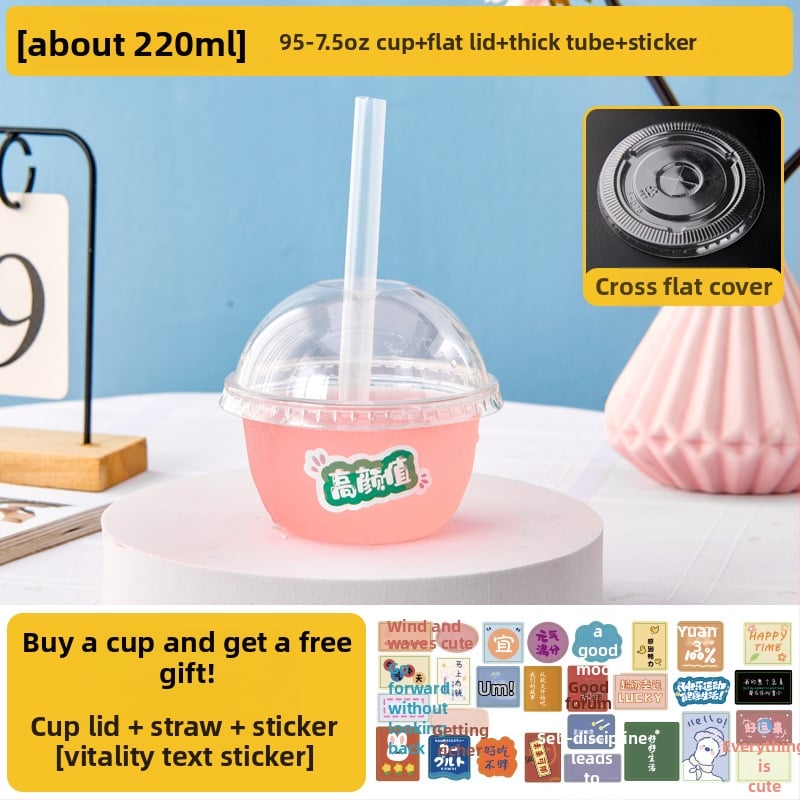 Pahar de unică folosință pentru ceai cu lapte, cu capac - transparent din plastic, pentru magazine de ceai, capacitate sub 100 ml, imprimare logo disponibil, personalizare