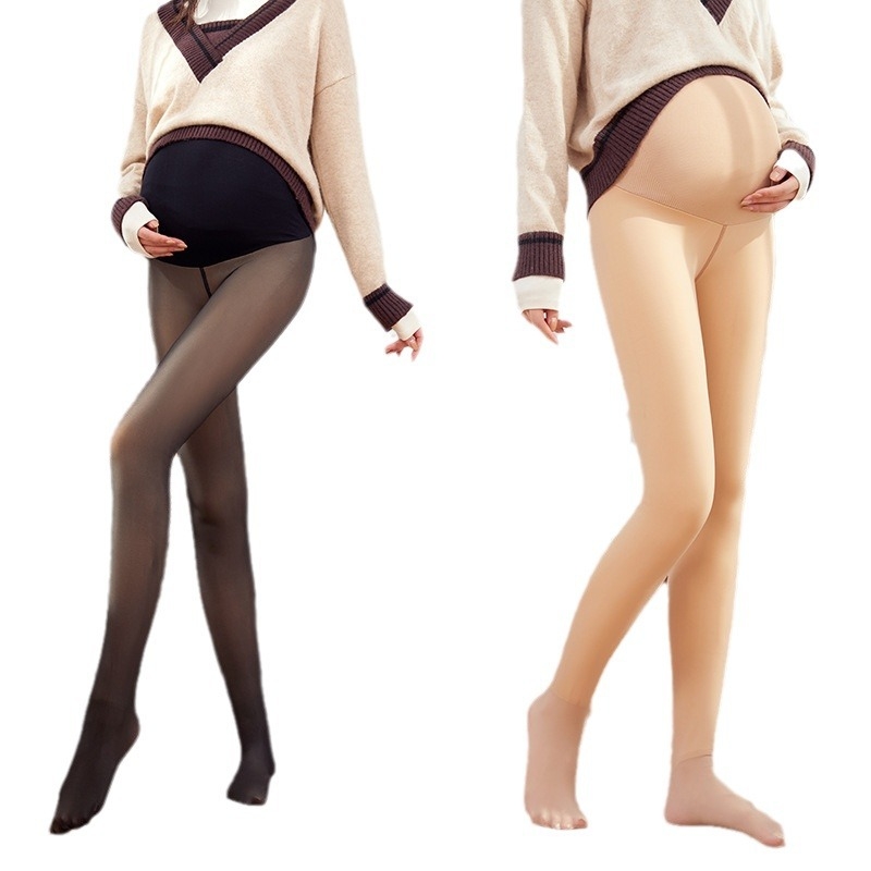 Trudničke najlon čarape s flis unutarnjom podstavom – tople, potpora trbuha, debele, bez uzorka, s nogama