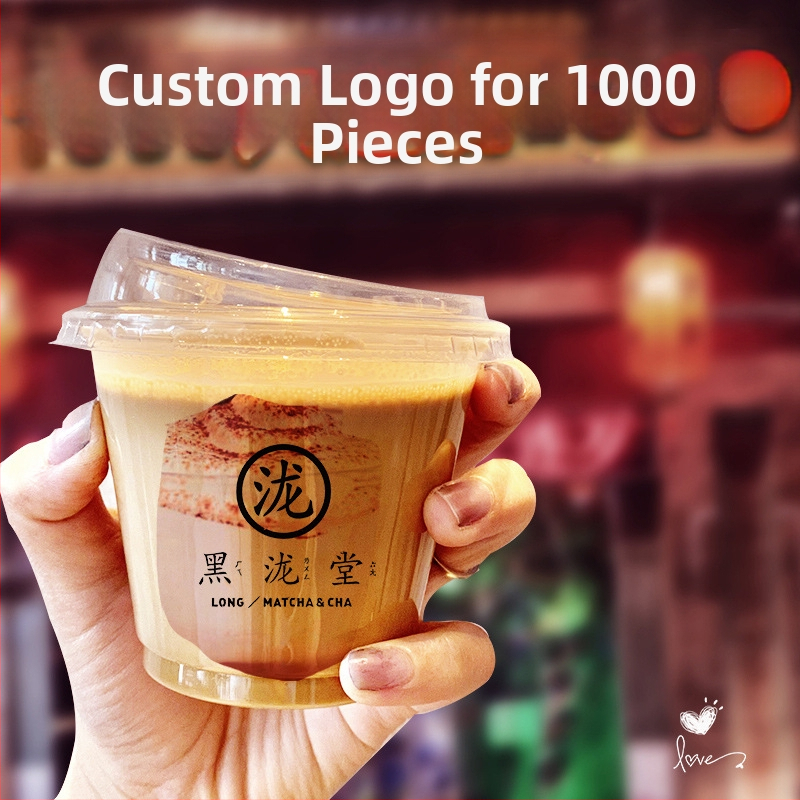 Pahar PET de unică folosință pentru băuturi cu lapte/latte, 301–400 ml, transparent, anti-scurgeri, imprimare logo, personalizare disponibilă