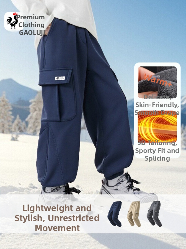 Unisex παιδικά χειμερινά cargo παντελόνια, με επένδυση φλίς, από ύφασμα βαμβακοπολυεστερικό, ελαστική μέση, για ηλικίες 7–12 ετών