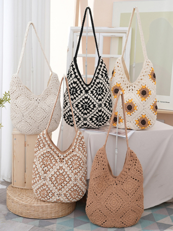 Horgolt Tote táska, városi egyszerű stílus, pamut anyag, függőleges négyzet alakú forma, mágneses zár, belső telefontartó zseb