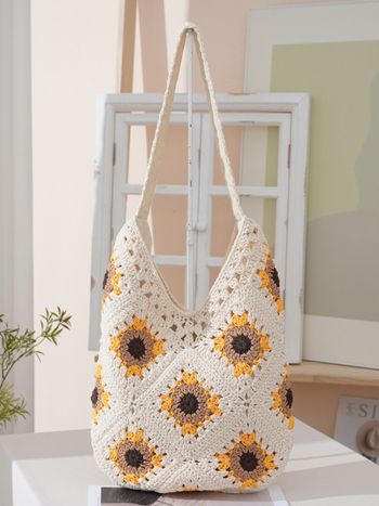 Horgolt Tote táska, városi egyszerű stílus, pamut anyag, függőleges négyzet alakú forma, mágneses zár, belső telefontartó zseb