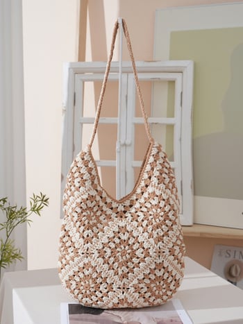 Horgolt Tote táska, városi egyszerű stílus, pamut anyag, függőleges négyzet alakú forma, mágneses zár, belső telefontartó zseb