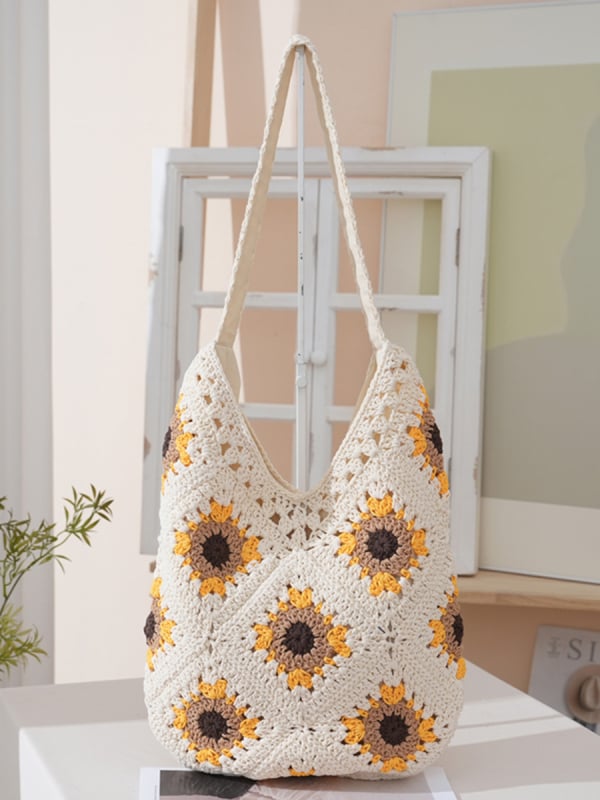 Horgolt Tote táska, városi egyszerű stílus, pamut anyag, függőleges négyzet alakú forma, mágneses zár, belső telefontartó zseb