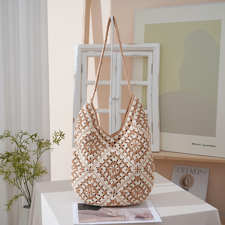 Horgolt Tote táska, városi egyszerű stílus, pamut anyag, függőleges négyzet alakú forma, mágneses zár, belső telefontartó zseb