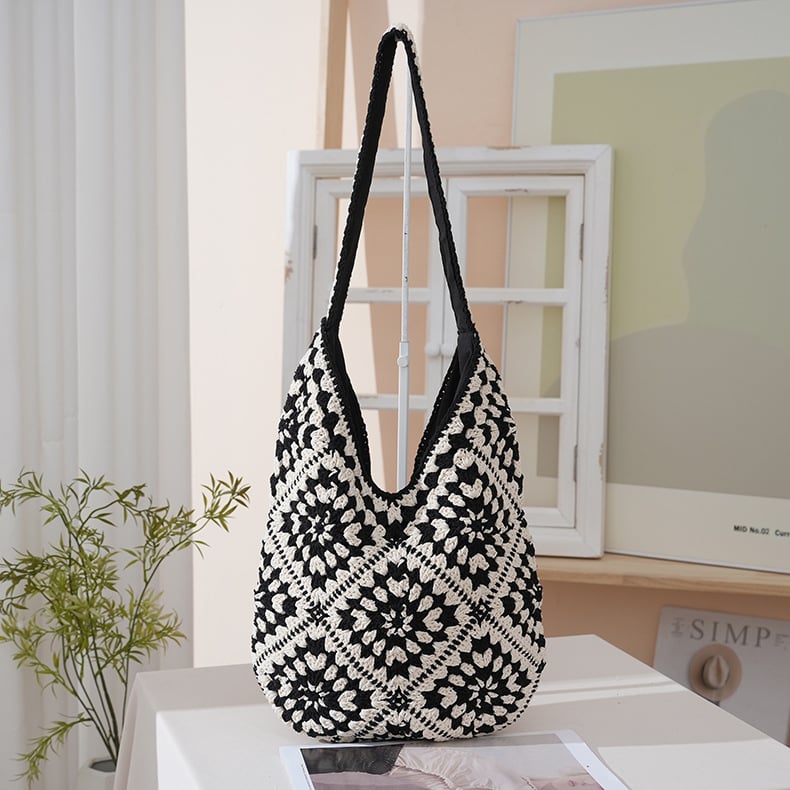 Horgolt Tote táska, városi egyszerű stílus, pamut anyag, függőleges négyzet alakú forma, mágneses zár, belső telefontartó zseb