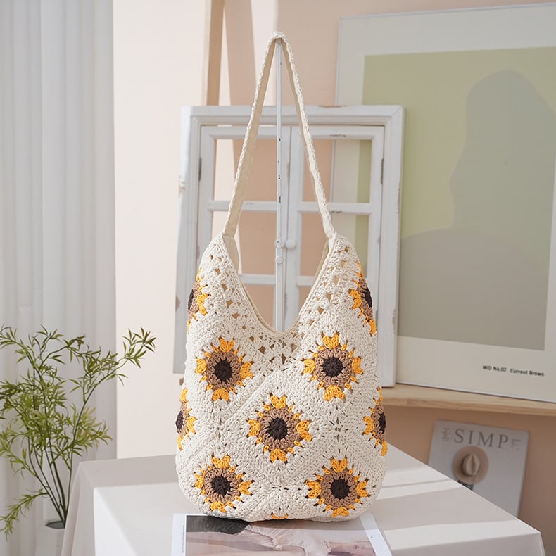 Horgolt Tote táska, városi egyszerű stílus, pamut anyag, függőleges négyzet alakú forma, mágneses zár, belső telefontartó zseb