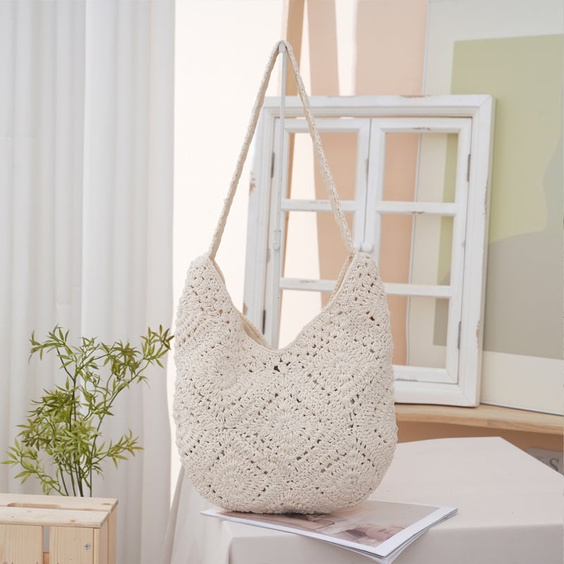 Horgolt Tote táska, városi egyszerű stílus, pamut anyag, függőleges négyzet alakú forma, mágneses zár, belső telefontartó zseb