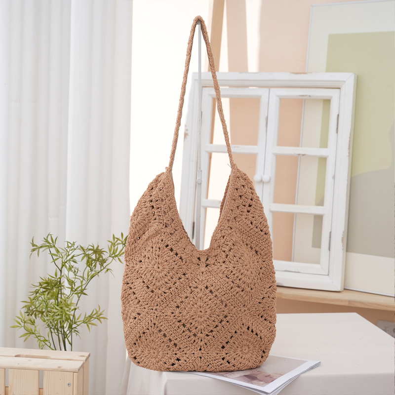 Horgolt Tote táska, városi egyszerű stílus, pamut anyag, függőleges négyzet alakú forma, mágneses zár, belső telefontartó zseb