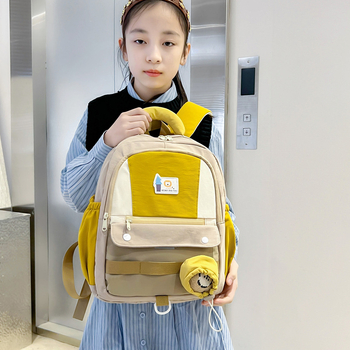Dječji ruksak za školu s cartoon patchwork dizajnom, unisex, najlon materijal, prozračan, funkcija smanjenja opterećenja, naramenice s zračnim jastučićem, uzorak slova, XYF2242