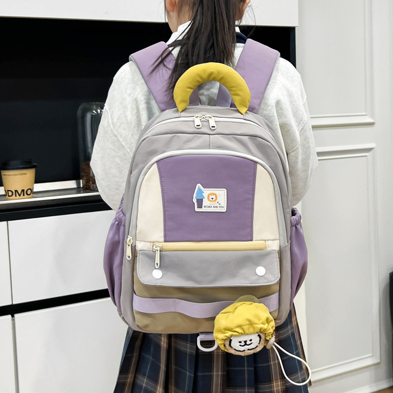 Dječji ruksak za školu s cartoon patchwork dizajnom, unisex, najlon materijal, prozračan, funkcija smanjenja opterećenja, naramenice s zračnim jastučićem, uzorak slova, XYF2242